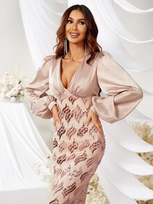 YISIKADO Lantern Sleeve Split Back Sequin Formal Dress - Apricot - View 5