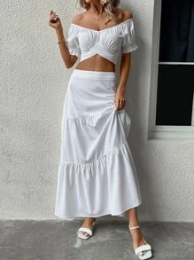 SHEIN VCAY Sweetheart Neck Tie Back Top & Ruffle Hem Skirt - White - View 5