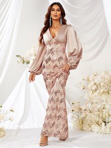 YISIKADO Lantern Sleeve Split Back Sequin Formal Dress - Apricot - View 6