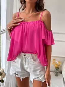 SHEIN VCAY 挖肩素色襯衫 - 玫紅色 - 查看 7