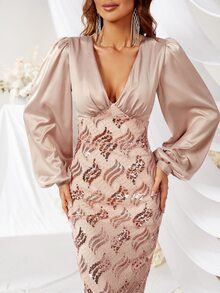 YISIKADO Lantern Sleeve Split Back Sequin Formal Dress - Apricot - View 7
