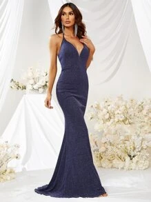 YISIKADO Đầm Lộ Lưng Buộc lại màu trơn Buổi tiệc - Màu xanh hải quân - Xem 4