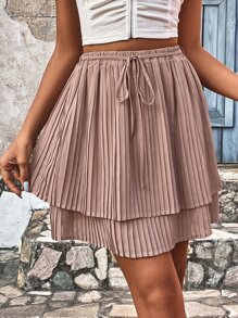 SHEIN Frenchy 腰部打結雙層下擺百褶半身裙 - 藕粉色 - 查看 4