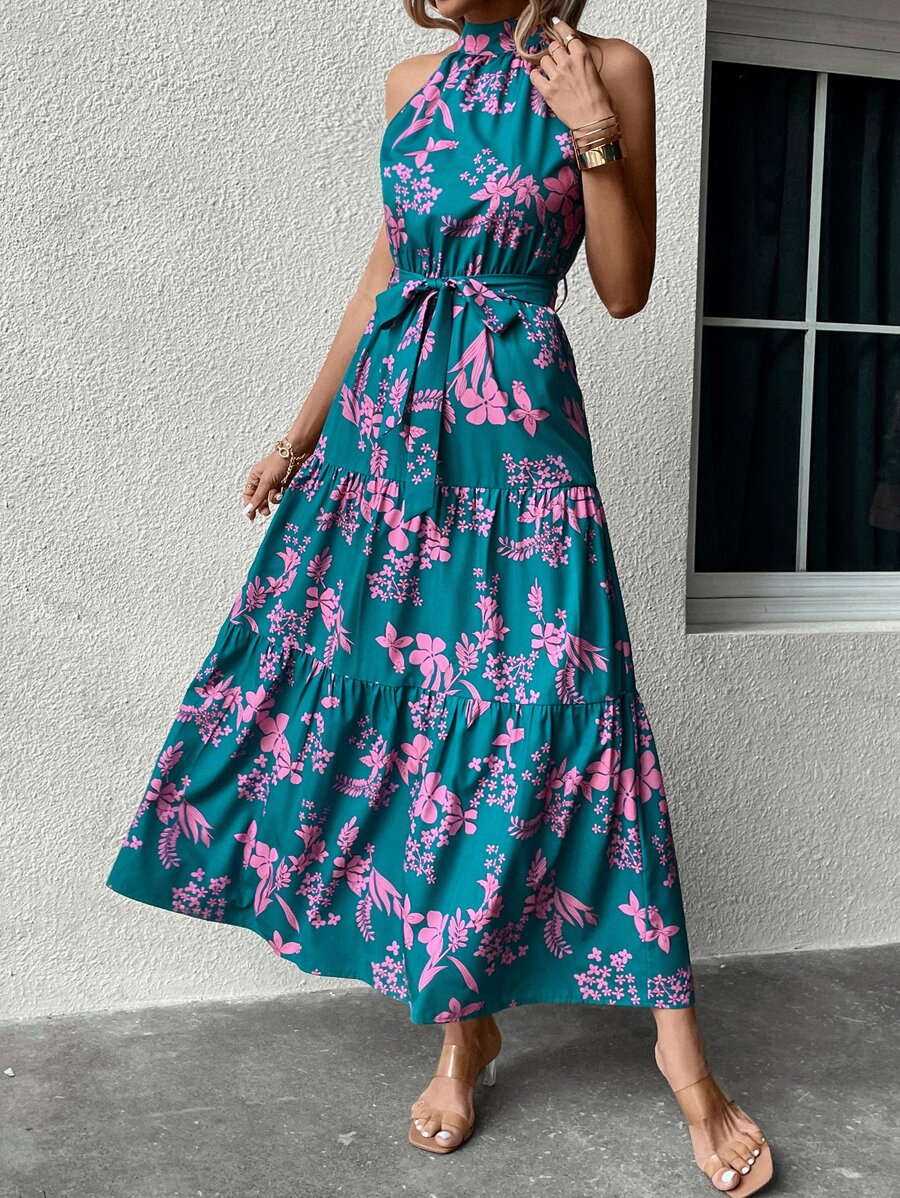 SHEIN VCAY Floral Print Layered Hem Belted Halter Dress - Cadet Blue - View 1