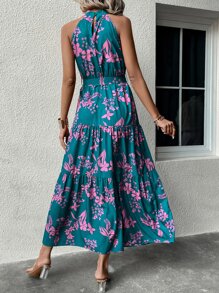 SHEIN VCAY Floral Print Layered Hem Belted Halter Dress - Cadet Blue - View 2