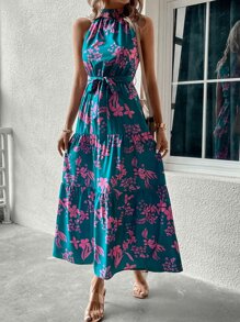 SHEIN VCAY Floral Print Layered Hem Belted Halter Dress - Cadet Blue - View 4