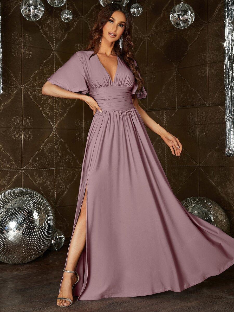 Faeriesty Elegant V-Neck Dress With Flowing Sleeves, Waist Cinching Design And High Slit - Suitable For Formal Summer Occasions Such As Galas, Formal Dinners And Evening Events - Mauve Purple - View 1