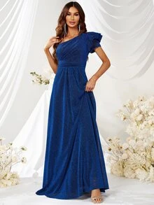 YISIKADO 單肩荷葉邊金屬亮絲舞會連衣裙