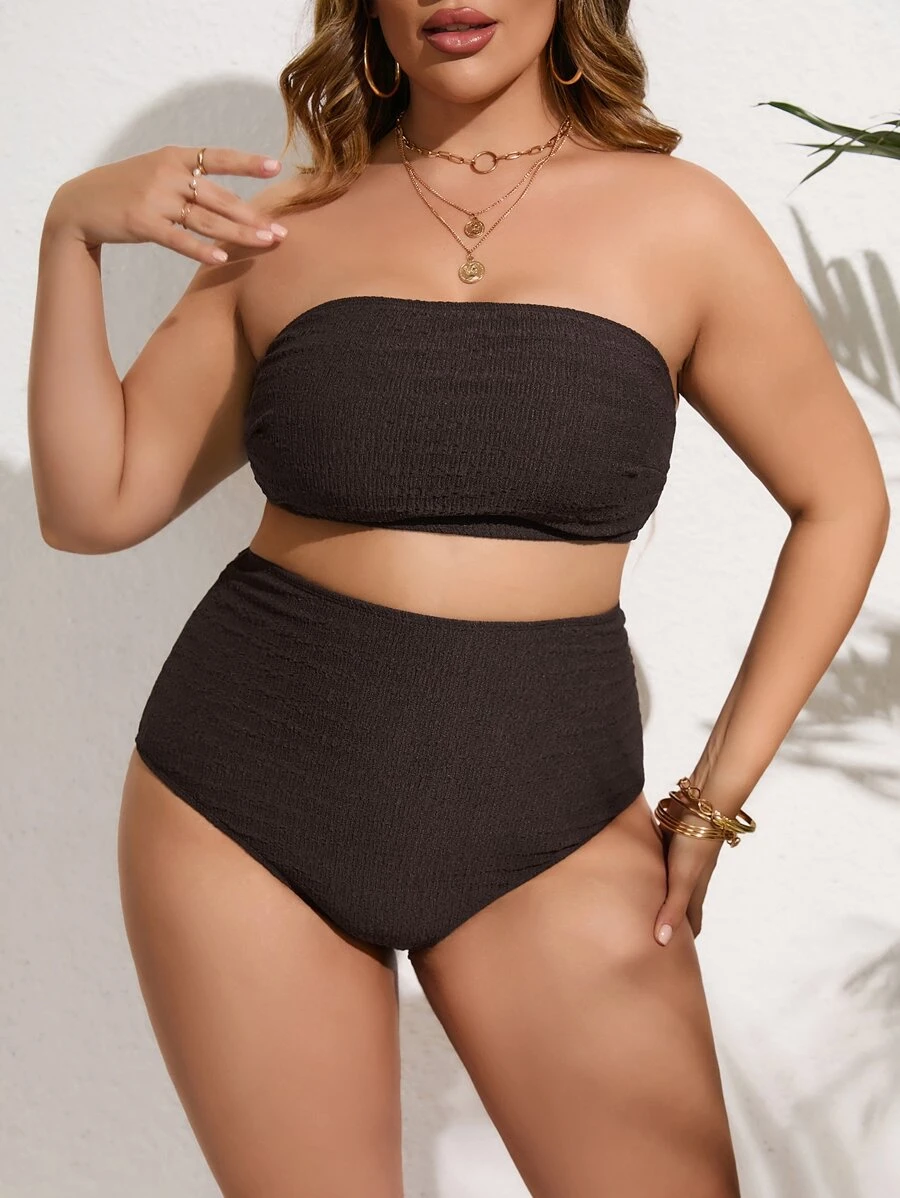SHEIN Swim Curve Summer Beach Plus Size Smocked Bandeau Bikini Set - Chocolate Brown - View 1