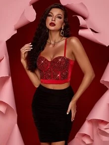 Sequin Studded Camisole Tank Top, Cropped Adjustable Fitted Bustier - Red - View 5