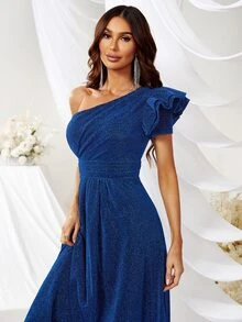 YISIKADO 單肩荷葉邊金屬亮絲舞會連衣裙