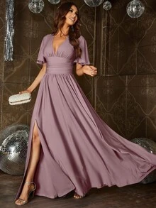 Faeriesty Elegant V-Neck Dress With Flowing Sleeves, Waist Cinching Design And High Slit - Suitable For Formal Summer Occasions Such As Galas, Formal Dinners And Evening Events - Mauve Purple - View 5