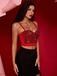 Sequin Studded Camisole Tank Top, Cropped Adjustable Fitted Bustier - Red - View 6
