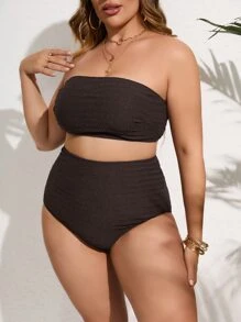 SHEIN Swim Curve Summer Beach Plus Size Smocked Bandeau Bikini Set - Chocolate Brown - View 3