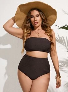 SHEIN Swim Curve Summer Beach Plus Size Smocked Bandeau Bikini Set - Chocolate Brown - View 4