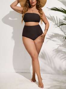 SHEIN Swim Curve Summer Beach Plus Size Smocked Bandeau Bikini Set - Chocolate Brown - View 5