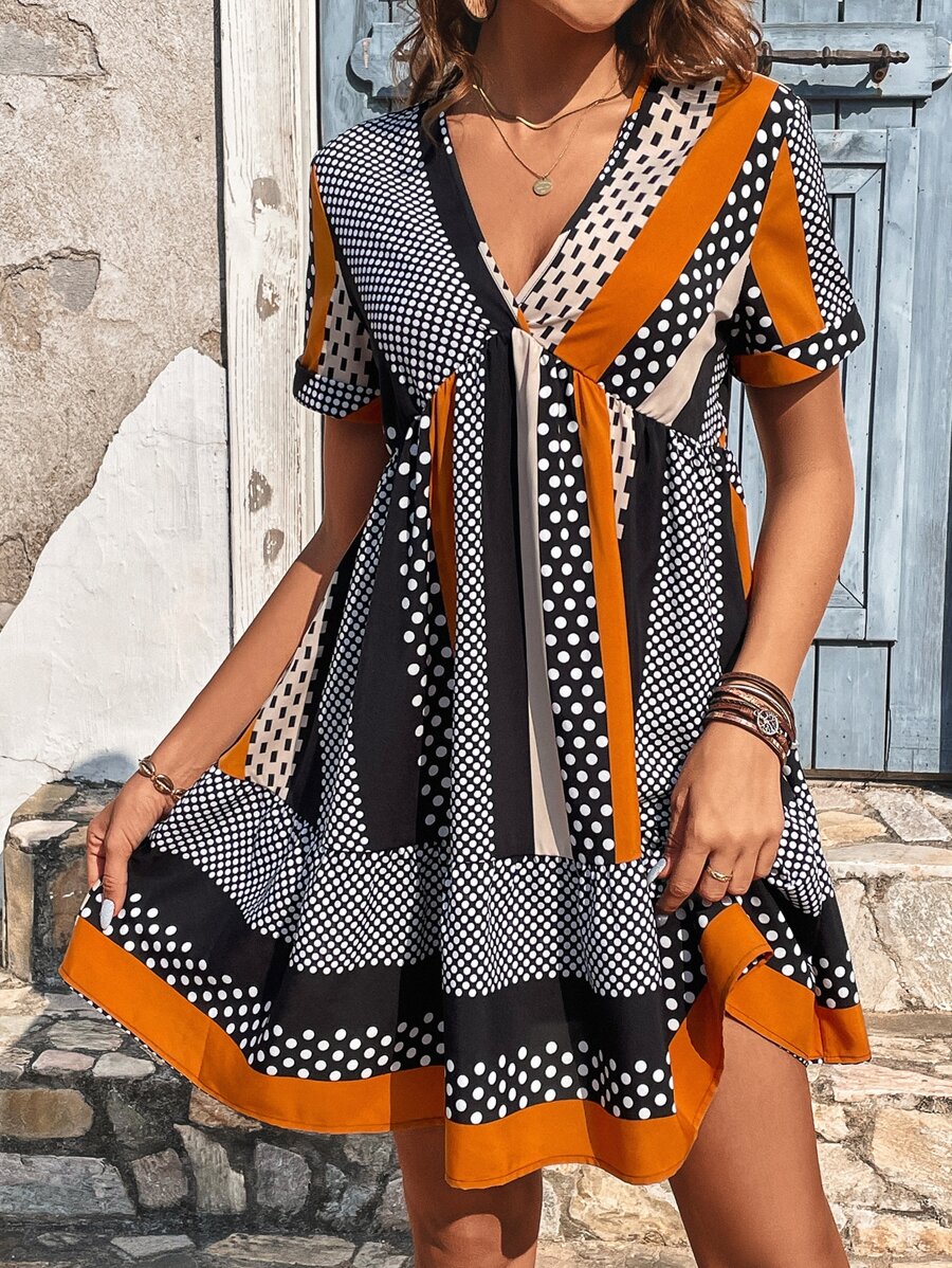 SHEIN Frenchy Polka Dot Print Ruffle Hem Smock Dress - Orange - View 1