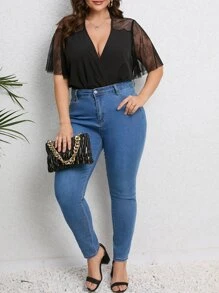 SHEIN LUNE Body de malla en contraste escote cruzado - Negro - Ver 3