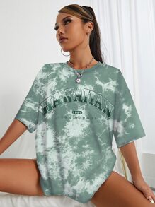SHEIN EZwear 紮染字母圖案落肩袖超大號T恤 - 綠色 - 查看 1