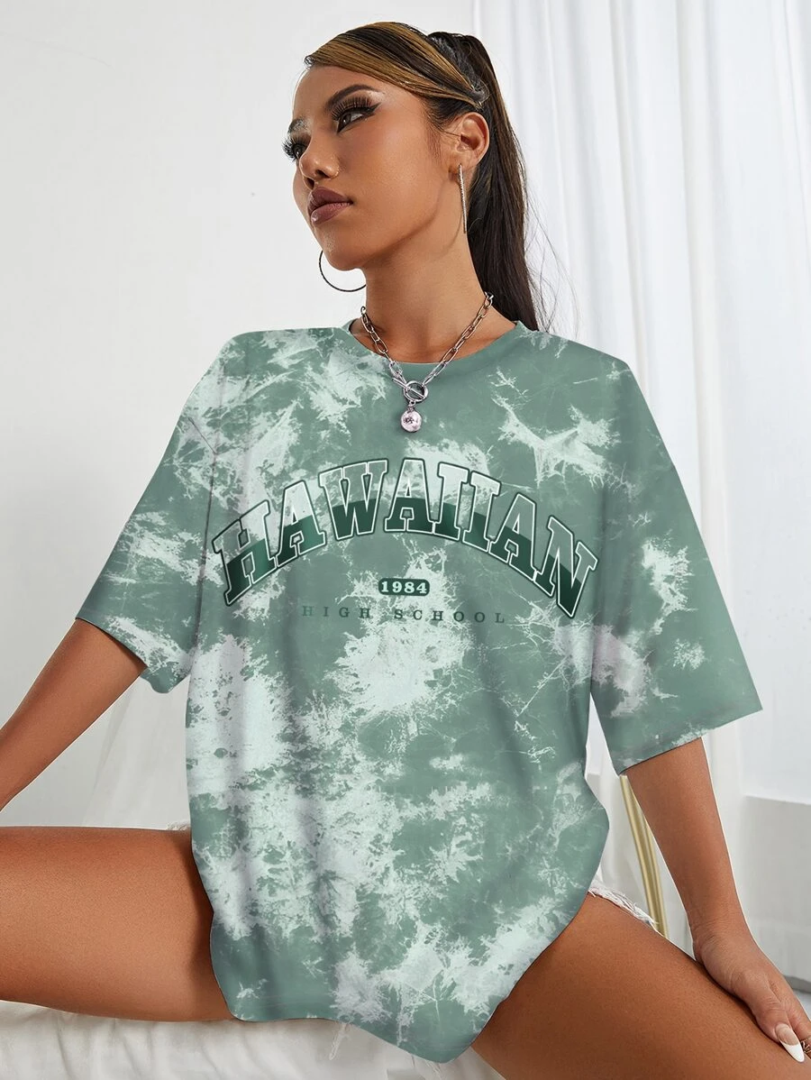 SHEIN EZwear 紮染字母圖案落肩袖超大號T恤 - 綠色 - 查看 1