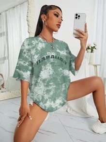 SHEIN EZwear 紮染字母圖案落肩袖超大號T恤 - 綠色 - 查看 4