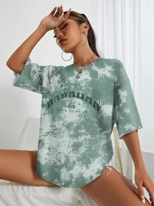 SHEIN EZwear 紮染字母圖案落肩袖超大號T恤 - 綠色 - 查看 5