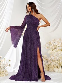 YISIKADO Oblique Shoulder Strapless Slit Dress, Cocktail Party Evening Gown For Wedding Guest, Formal Banquet, Prom - Purple - View 3