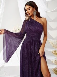 YISIKADO Oblique Shoulder Strapless Slit Dress, Cocktail Party Evening Gown For Wedding Guest, Formal Banquet, Prom - Purple - View 4