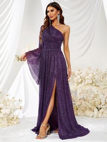 YISIKADO Oblique Shoulder Strapless Slit Dress, Cocktail Party Evening Gown For Wedding Guest, Formal Banquet, Prom - Purple - View 6