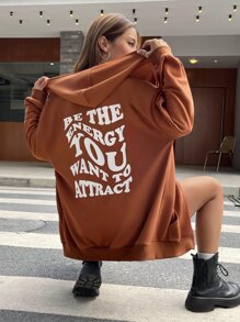 SHEIN EZwear Slogan Graphic Drop Shoulder Zip Up Drawstring Hoodie - Brown - View 1