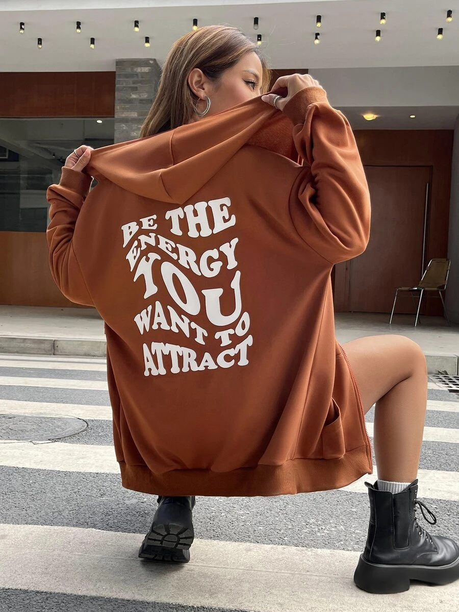 SHEIN EZwear Slogan Graphic Drop Shoulder Zip Up Drawstring Hoodie - Brown - View 1