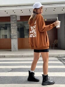 SHEIN EZwear Slogan Graphic Drop Shoulder Zip Up Drawstring Hoodie - Brown - View 2