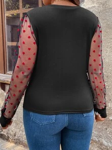 SHEIN Clasi 大碼愛心圖案網紗拼接荷葉邊上衣 - 黑色 - 查看 3