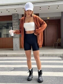 SHEIN EZwear Slogan Graphic Drop Shoulder Zip Up Drawstring Hoodie - Brown - View 3