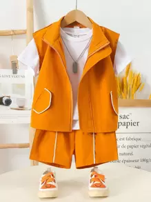 SHEIN Toddler Boys Zip Up Vest Jacket & Shorts With Tee - Multicolor - View 1