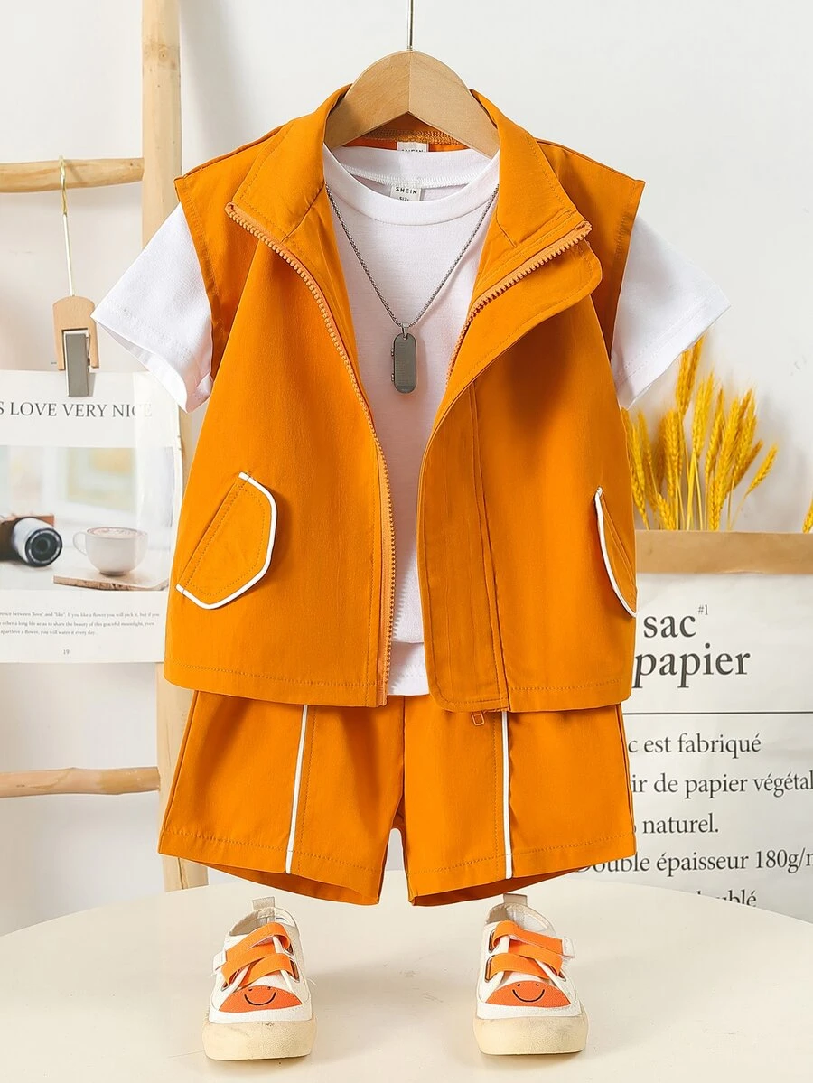 SHEIN Toddler Boys Zip Up Vest Jacket & Shorts With Tee - Multicolor - View 1