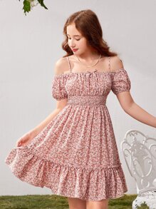 SHEIN Teen Girls Ditsy Floral Print Cold Shoulder Ruffle Hem Dress - Dusty Pink - View 4