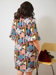 EMERY ROSE Plus Geo Print Flounce Sleeve Tunic Dress - Multicolor - View 2