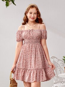 SHEIN Teen Girls Ditsy Floral Print Cold Shoulder Ruffle Hem Dress - Dusty Pink - View 3