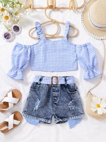 Toddler Girls Gingham Cold Shoulder Top & Ripped Belted Denim Shorts - Blue and White - View 1