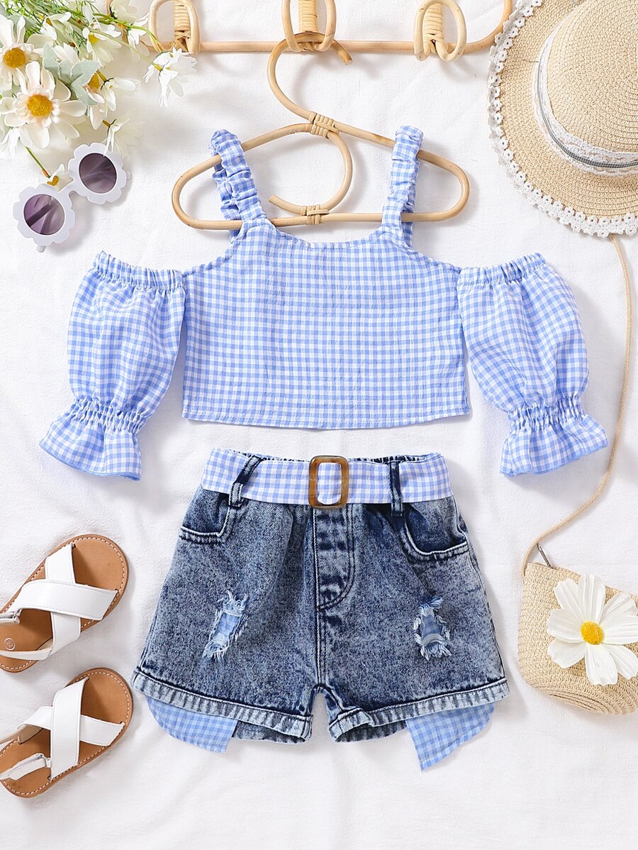 Toddler Girls Gingham Cold Shoulder Top & Ripped Belted Denim Shorts - Blue and White - View 1
