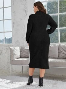 SHEIN Privé Vestido de cuello alto de manga farol tejido de canalé sin cinturón - Negro - Ver 2