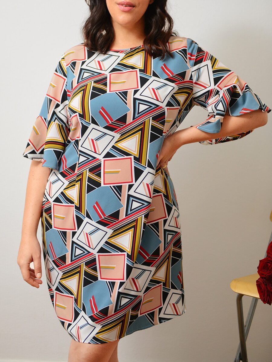EMERY ROSE Plus Geo Print Flounce Sleeve Tunic Dress - Multicolor - View 1