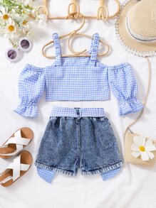 Toddler Girls Gingham Cold Shoulder Top & Ripped Belted Denim Shorts - Blue and White - View 2
