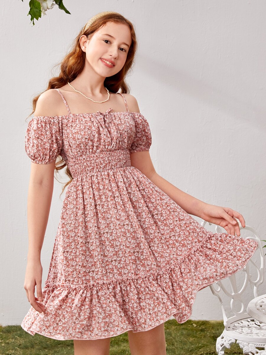 SHEIN Teen Girls Ditsy Floral Print Cold Shoulder Ruffle Hem Dress - Dusty Pink - View 1