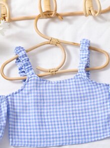 Toddler Girls Gingham Cold Shoulder Top & Ripped Belted Denim Shorts - Blue and White - View 3