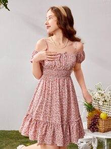 SHEIN Teen Girls Ditsy Floral Print Cold Shoulder Ruffle Hem Dress - Dusty Pink - View 6