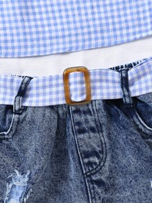 Toddler Girls Gingham Cold Shoulder Top & Ripped Belted Denim Shorts - Blue and White - View 4