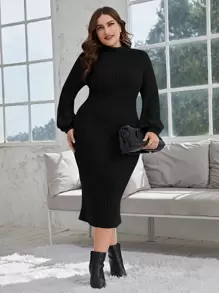 SHEIN Privé Vestido de cuello alto de manga farol tejido de canalé sin cinturón - Negro - Ver 5