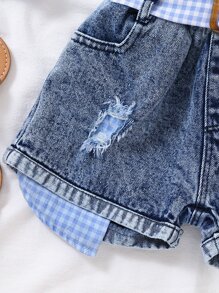 Toddler Girls Gingham Cold Shoulder Top & Ripped Belted Denim Shorts - Blue and White - View 5